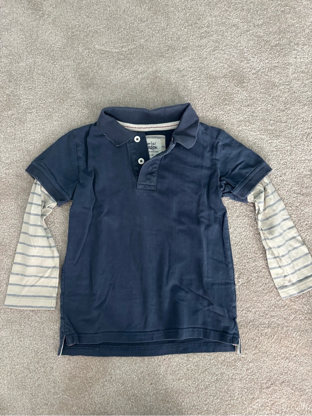 Boden Navy Layered-Look Polo Shirt with Striped Sleeves - Kids